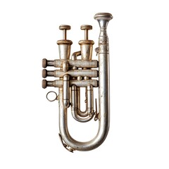 Fototapeta premium A vintage tarnished silver three-valve pocket trumpet sits isolated on a pure white background ready for musical use.
