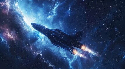 Obraz premium Dark spaceship soaring through nebulae in deep space.