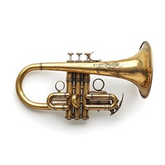 Obraz premium A vintage gold-lacquered cornet rests on a white background showcasing its intricate details and aged brass finish.