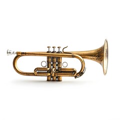 Obraz premium A vintage brass trumpet with a worn patina rests on a white background showcasing its aged beauty and musical history.