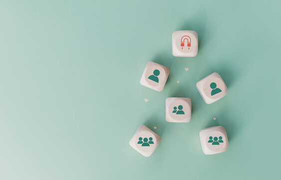 Increasing customer loyalty, Developing brand awareness, Understanding customer need, Providing value, Create relationship with customer engagement, Wooden cube with heart and customer awareness icon