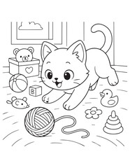 Coloring book kitten pounces on a ball of yarn amidst scattered toys in a cheerful room