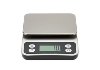 Digital scale with LCD display showing weight measurements in black digits, silver casing, and sleek design isolated on transparent background.