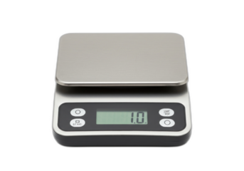 Digital scale with LCD display showing weight measurements in black digits, silver casing, and sleek design isolated on transparent background.