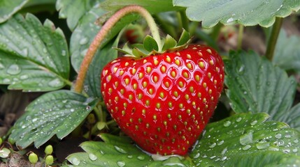 A dew kissed heart shaped strawberry glistening in soft morning light nestled among lush green leaves in a garden setting 