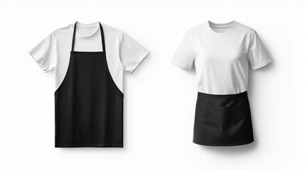 Realistic mockup of food truck staff uniform, unbranded t-shirt and apron, front view, isolated on a white background