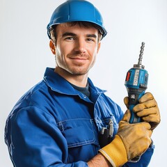 Construction worker using electric drill workshop portrait industrial environment close-up skilled labor