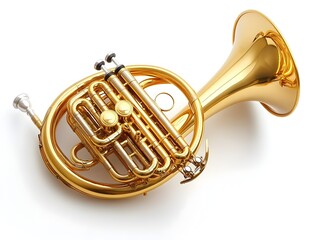 Fototapeta premium A gleaming gold French horn rests on a pristine white background showcasing its intricate valves and polished finish.