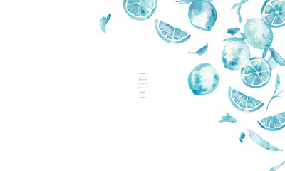 水彩画。水彩タッチの青いレモンイラスト。レモンのベクターイラスト。夏の爽やかな背景フレーム。Watercolor painting. Blue lemon illustration with watercolor touch. Lemon vector illustration. Fresh summer background frame.