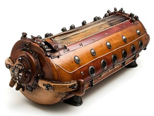 A unique handcrafted musical instrument resembling a vintage engine boasts intricate wooden and metallic details in a studio shot.