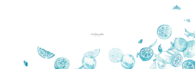 水彩画。水彩タッチの青いレモンイラスト。レモンのベクターイラスト。夏の爽やかな背景フレーム。Watercolor painting. Blue lemon illustration with watercolor touch. Lemon vector illustration. Fresh summer background frame.