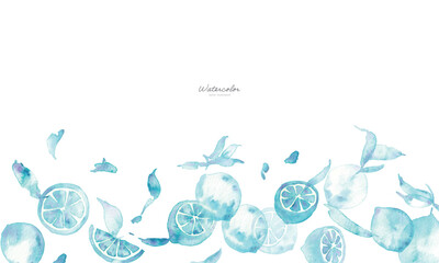 水彩画。水彩タッチの青いレモンイラスト。レモンのベクターイラスト。夏の爽やかな背景フレーム。Watercolor painting. Blue lemon illustration with watercolor touch. Lemon vector illustration. Fresh summer background frame.