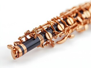 Naklejka premium A gleaming black and rose gold oboe rests elegantly on a pristine white background showcasing its intricate details and luxurious craftsmanship.