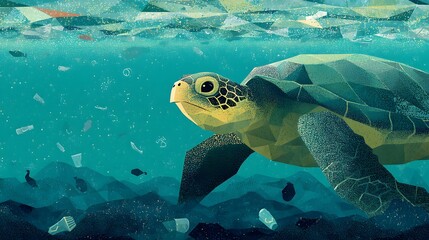 Fototapeta premium Sea Turtle Navigating Through a Plastic-Polluted Ocean Depiction