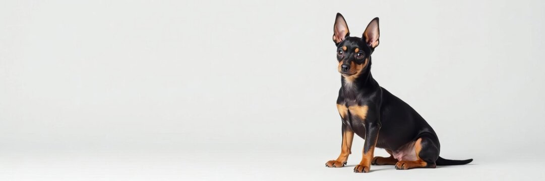 An isolated dwarfish pinscher dog sitting on a white surface, white, adorable, isolated