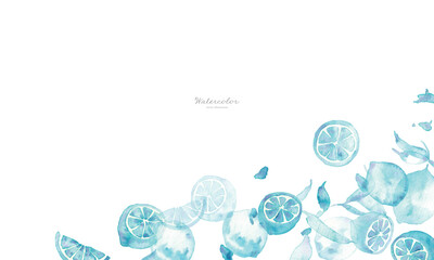 水彩画。水彩タッチの青いレモンイラスト。レモンのベクターイラスト。夏の爽やかな背景フレーム。Watercolor painting. Blue lemon illustration with watercolor touch. Lemon vector illustration. Fresh summer background frame.