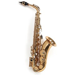 A gleaming gold alto saxophone rests elegantly against a pure white background, ready for a musical performance.