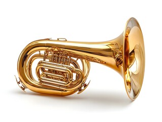 A gleaming golden euphonium rests on a white background, showcasing its intricate valves and bell.