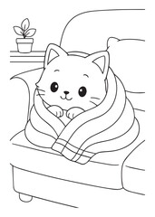 Coloring book kitten wrapped in a blanket sits comfortably on a sofa