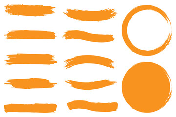 Obraz premium Hand drawn vector brush strokes collection. Orange ink paint spots backgrounds set. Grunge artistic paint blobs highlights backgrounds. Abstract line, stains shapes, scribble circle design element.