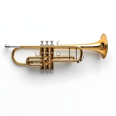 Obraz premium A gleaming gold trumpet rests on a pristine white background showcasing its intricate valves and polished finish.