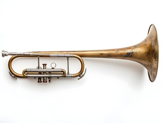 Obraz premium A vintage brass trumpet rests on a plain white background showcasing its aged patina and intricate details.