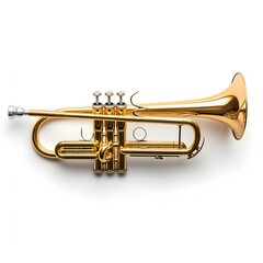 Obraz premium A gleaming gold trumpet rests on a pristine white background ready for a musical performance or studio recording session.