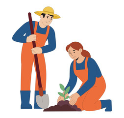 Farmer couple planting sapling flat vector illustration. Eco-friendly farming man and woman planting tree together. Indian farmer couple doing plantation