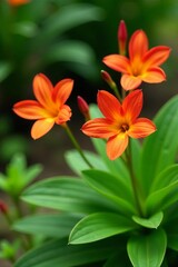 Fototapeta premium Beautifully blooming crocosmia flowers with green leaves in a backyard garden, petals, blooming, vibrant