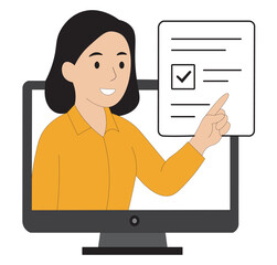 Young woman giving online presentation with checklist on computer screen flat vector illustration for virtual training, online education, and remote learning.