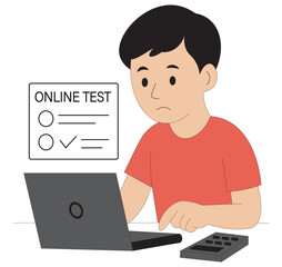 boy with laptop. Flat illustration of boy giving online test on laptop with calculator digital exam or assessment concept.