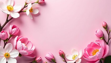 Fototapeta premium Beautiful spring blossom border with cherry blossoms, magnolias, and peonies on pink backdrop, cherry blossom, border, blossom