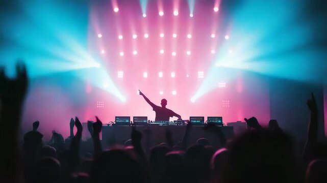 Energetic DJ Performance at Concert with Colorful Stage Lighting