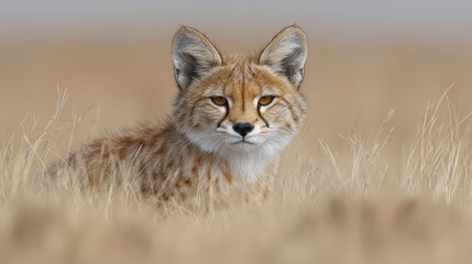 Obraz premium Captivating close up of a sand cat in natural habitat showcasing elusive beauty and wildlife adaptation with watchful gaze amidst golden hues serenity