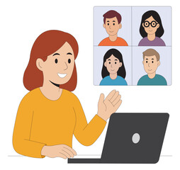 Woman having an online video call with multiple people flat vector illustration. Cartoon style female character in a virtual meeting with team members.  woman using laptop for video conference call.