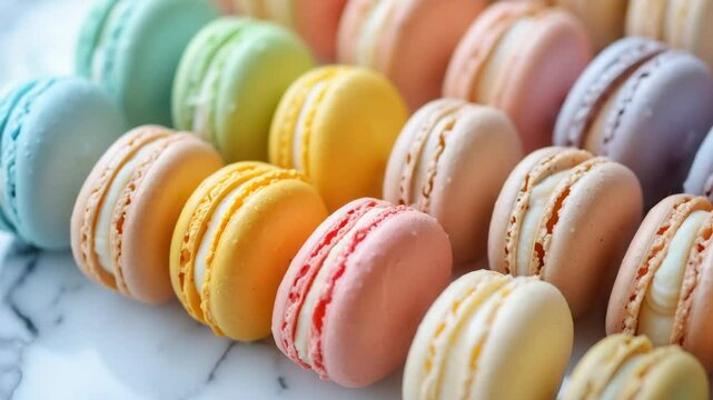Colorful Macarons in a Row on Marble Surface with Soft Focus