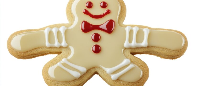 Festive gingerbread man biscuit with white icing and red decoration isolated