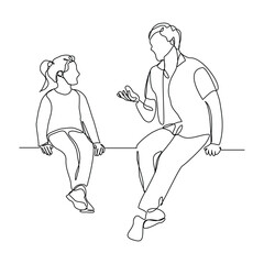 Continuous single line of young father giving some wise advice talk to his child. Happy family parenting concept. Trendy sketch drawing editable stroke vector illustration	
