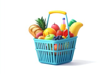 3D vector of a shopping basket full of fresh groceries like fruits, bread, and drinks, isolated on a clean white background, bright vibrant colors."