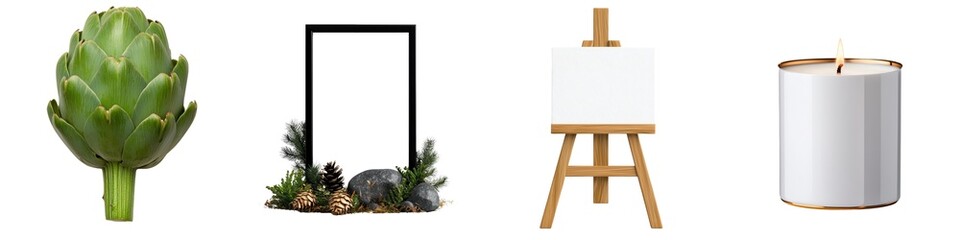 Obraz premium Artichoke, blank canvas, easel, and candle arrangement. isolated against a transparent background.