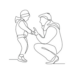 Continuous single line of young father giving some wise advice talk to his child. Happy family parenting concept. Trendy sketch drawing editable stroke vector illustration	