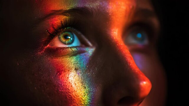 A close-up view of a face illuminated by vibrant rainbow colors, reflecting emotions and inner thoughts.