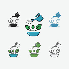 Watering Can Sprinkling Plants Growing in Pots Icon Set