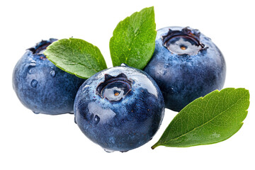 Close-up image of three blueberries with fresh leaves, appearing ripe and juicy. Water droplets are visible on the fruit.