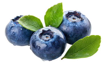 Close-up image of three blueberries with fresh leaves, appearing ripe and juicy. Water droplets are visible on the fruit.