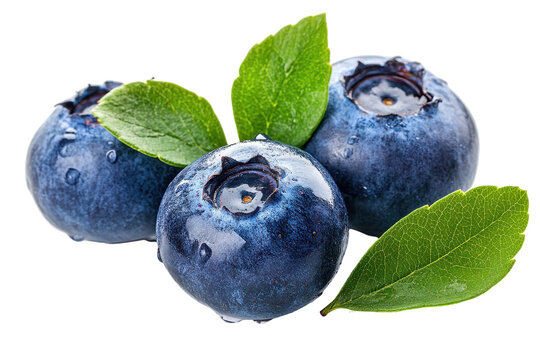 Close-up image of three blueberries with fresh leaves, appearing ripe and juicy. Water droplets are visible on the fruit. - Powered by Adobe