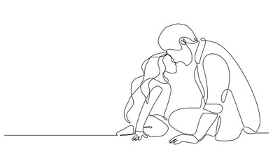 Continuous single line of young father giving some wise advice talk to his child. Happy family parenting concept. Trendy sketch drawing editable stroke vector illustration	