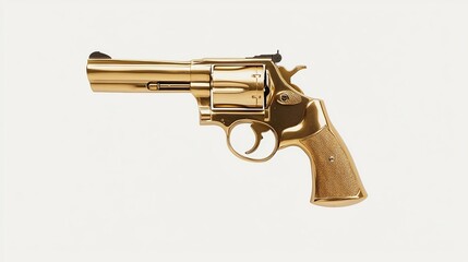 A shiny gold revolver handgun isolated on a plain light background.