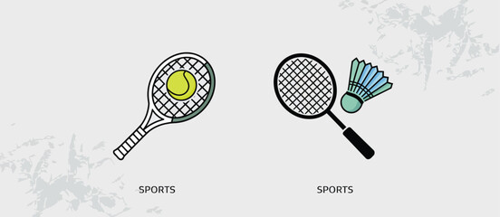 Tennis Racket and Badminton Racket with Ball and Shuttlecock