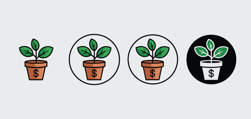 Growing Money Plant Icons in Pots Dollar Sign